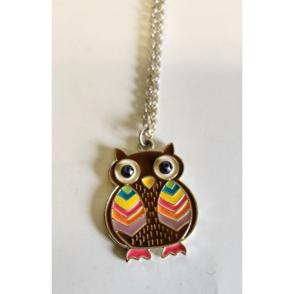 Vintage Enameled Owl Pendant Colorful Jewelry  10in chain